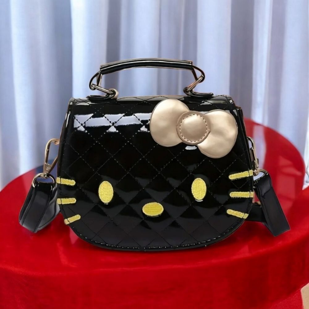 Hello Kitty Black Patent Argyle Crossbody Bag Gold Embroidery Sanrio Dark Y2K